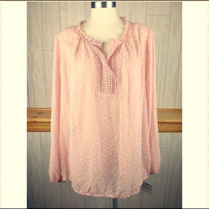🆕Claiborne Size 1X Lightweight Sheer Pink Ruffled Swiss Dot Boho Peasant Blouse
